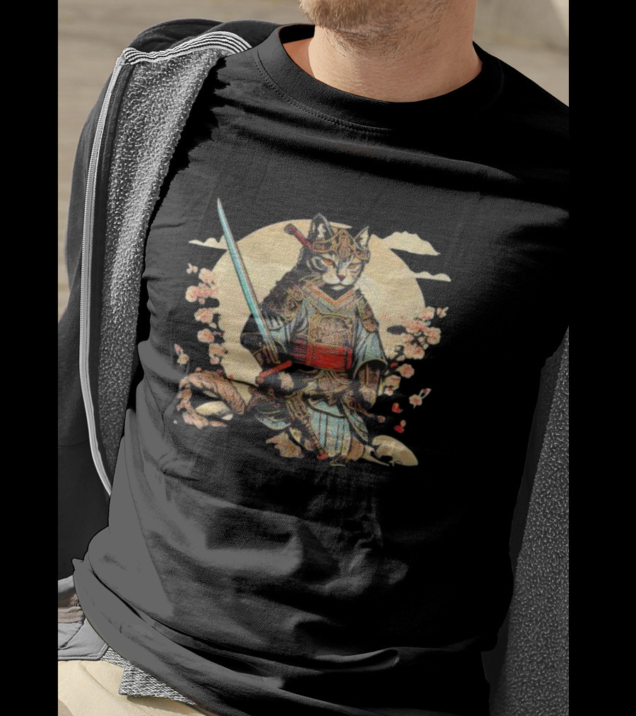 Samurai Cat Japanese Ninja Warrior Cherry Blossom Moon Warrior T-Shirt