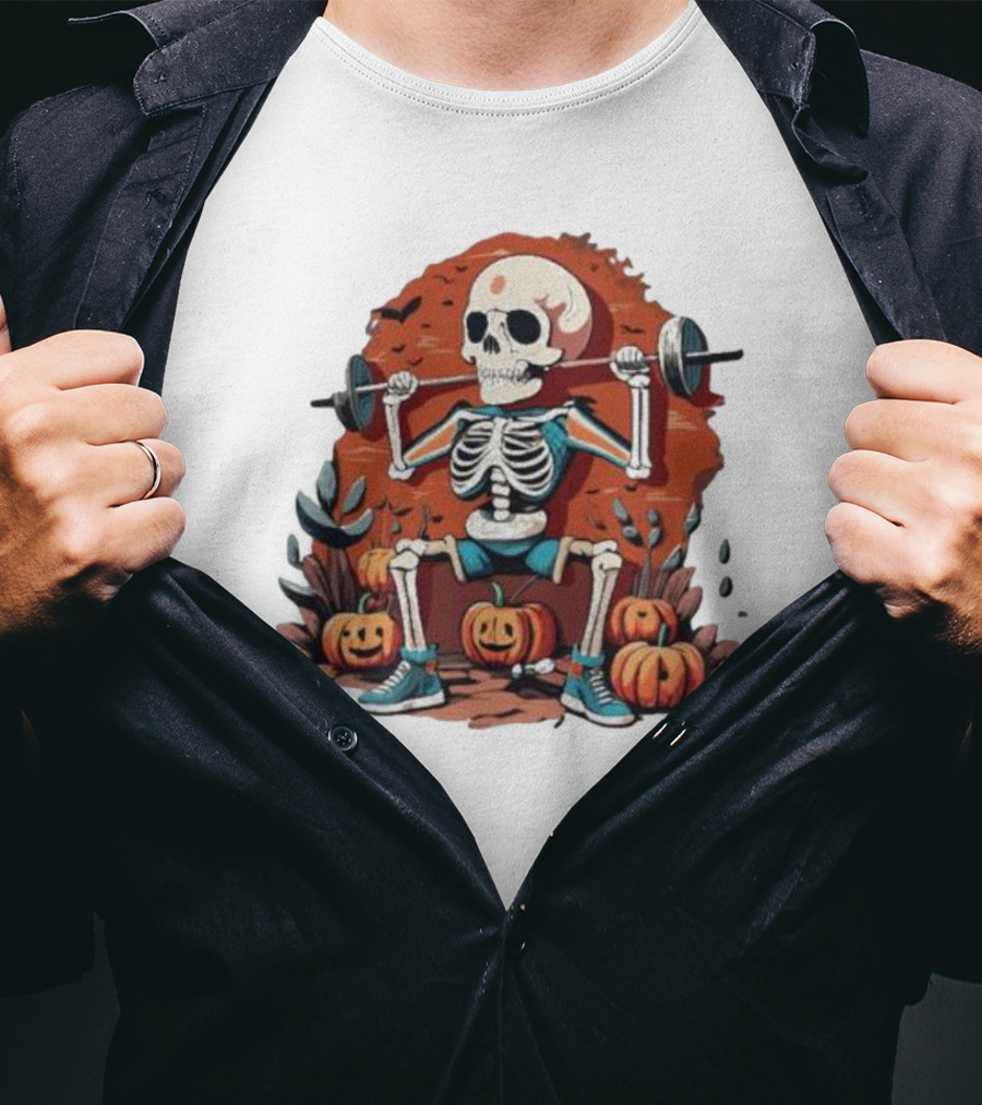 Skeleton Lifting Weights With Pumpkins Halloween Fitness T-Shirt