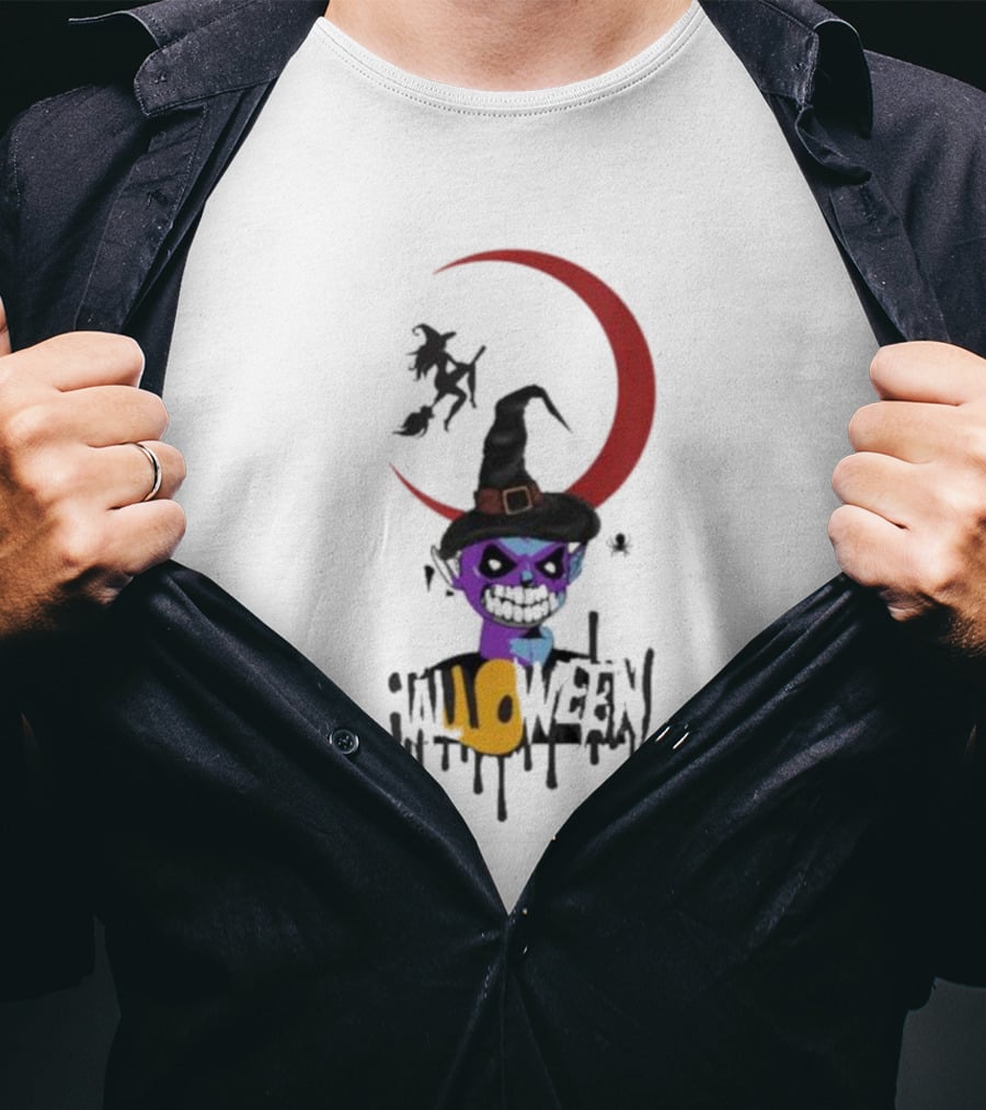 Witch Horror Halloween Blood Moon With Witch Hat And Skull T-Shirt