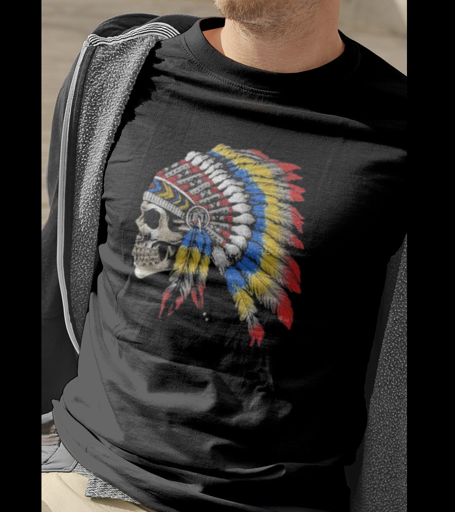 Skull War Chief Colorful Feather Headdress T-Shirt