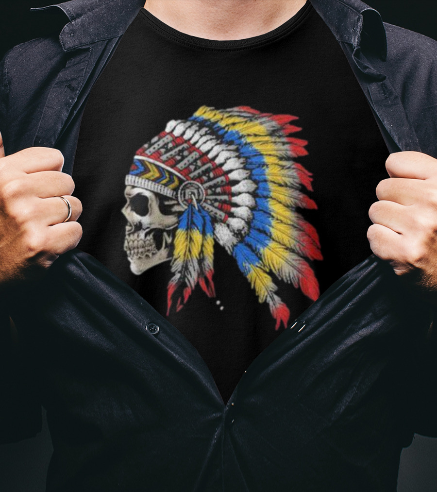 Skull War Chief Colorful Feather Headdress T-Shirt