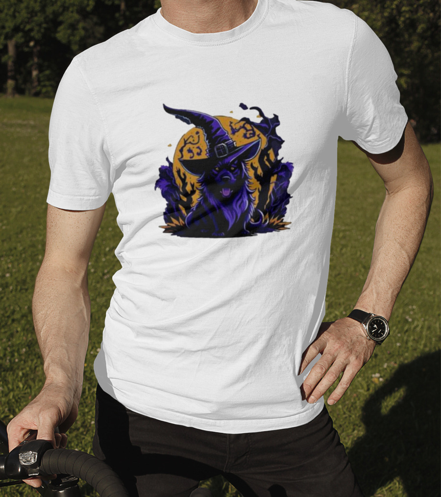 Halloween Witch Dog In Spooky Forest Horror Scene T-Shirt