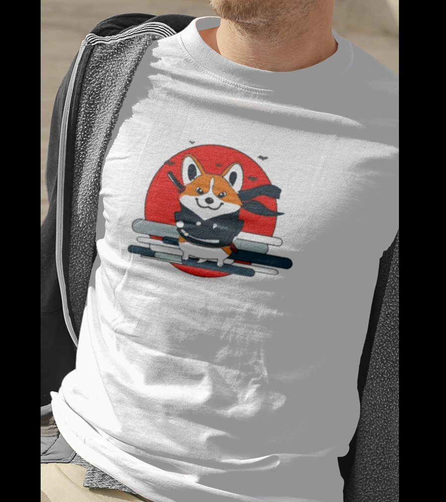 Ninja Corgi Red Sun With Bats T-Shirt