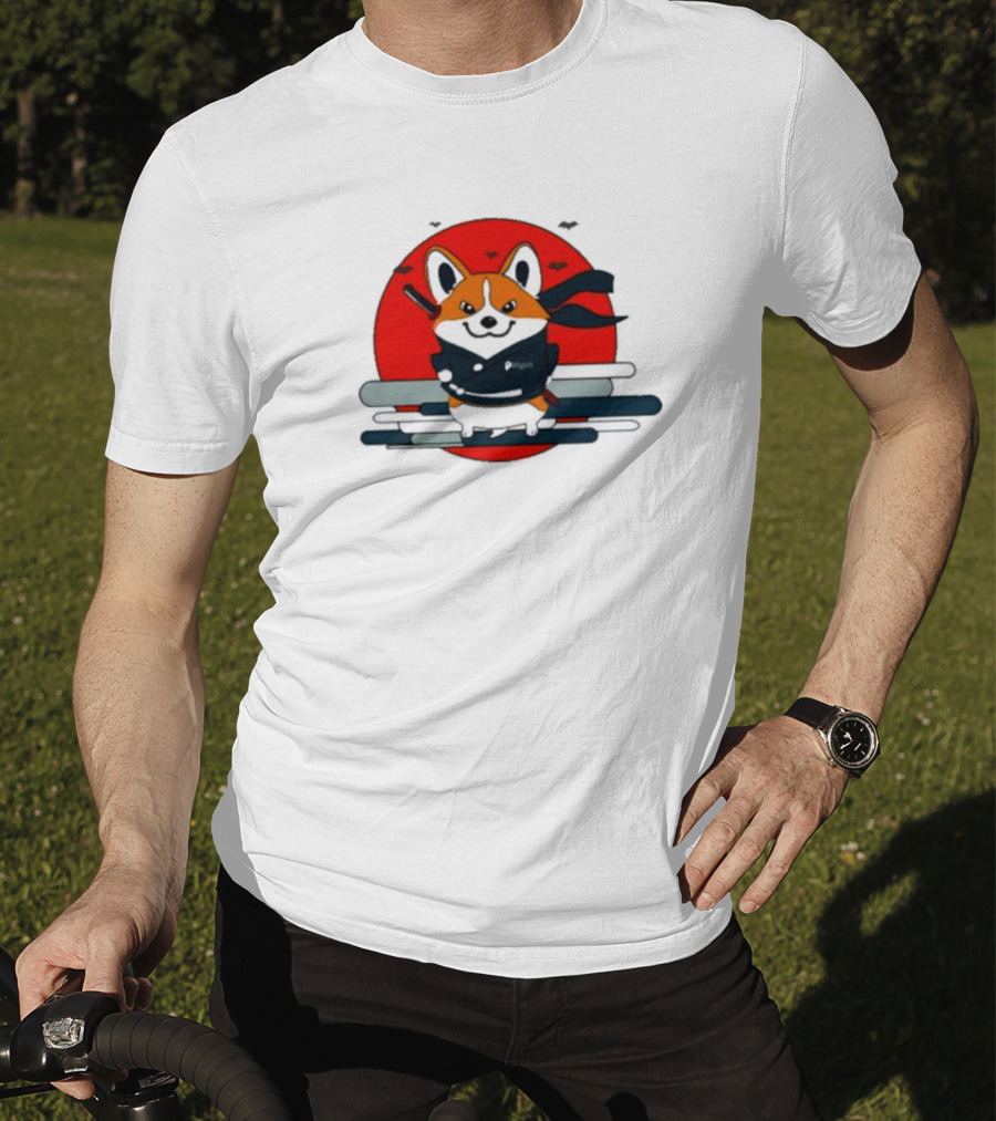 Ninja Corgi Red Sun With Bats T-Shirt
