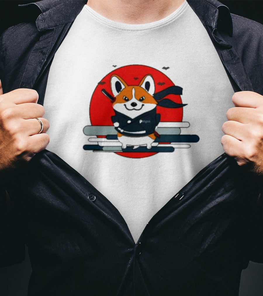 Ninja Corgi Red Sun With Bats T-Shirt