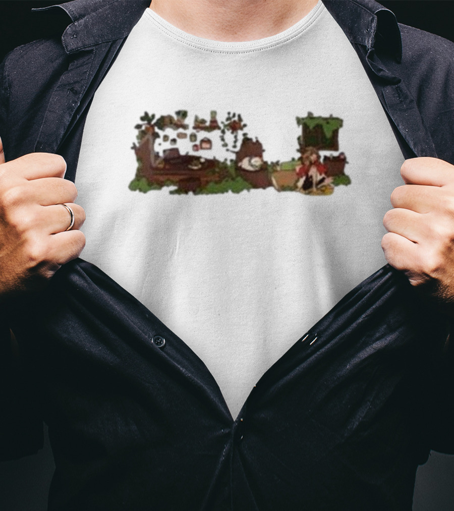 Woodlands Snifferish X Pop Cozy Cottage Scene With Greenery And Logs T-Shirt