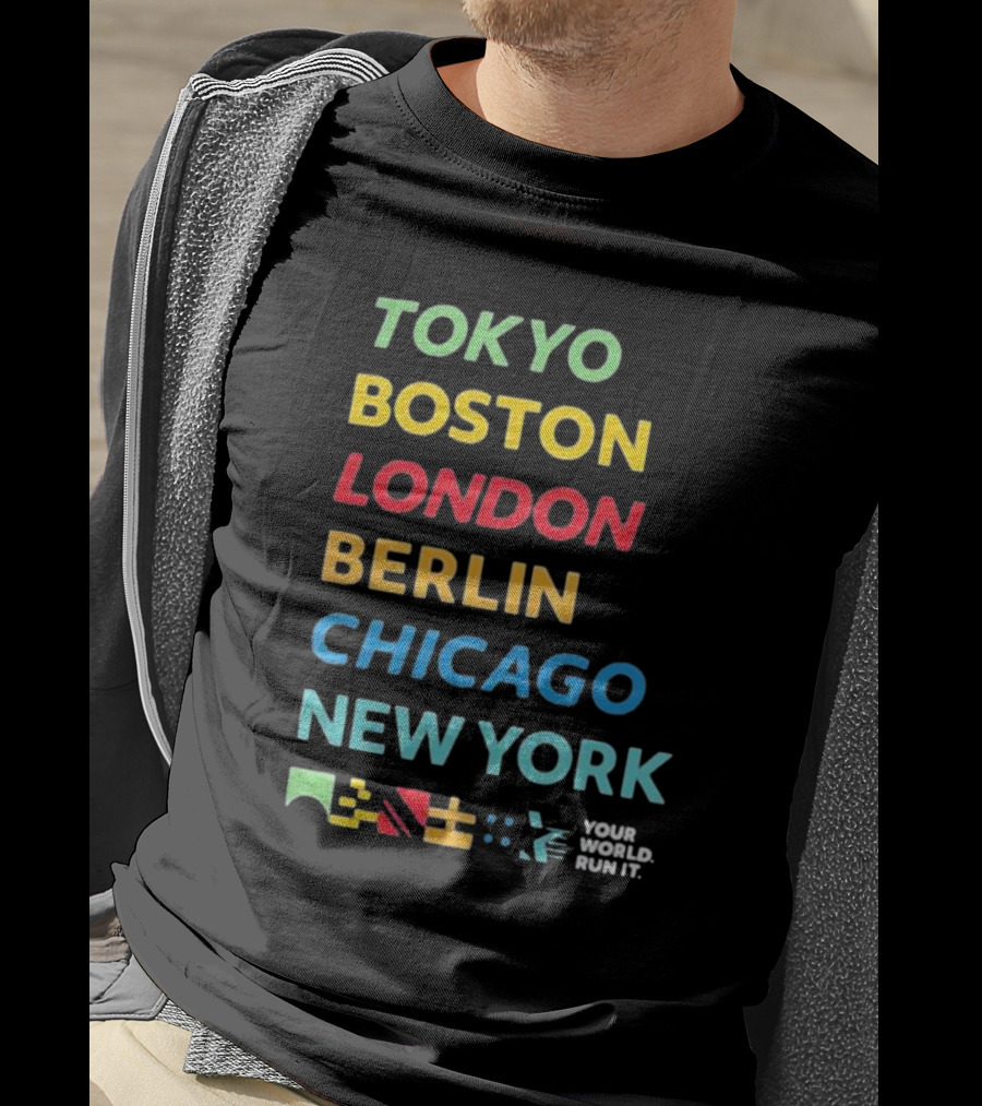 World Marathon Majors Tokyo Boston London Berlin Chicago New York Your World Run It Sportiqe Comfy Tri-blend T-Shirt
