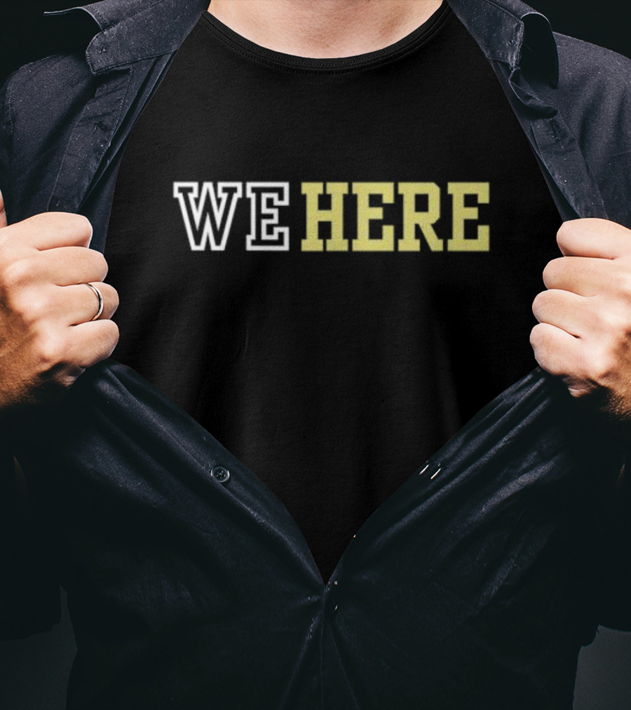 WE HERE Bold Varsity Lettering Text T-Shirt