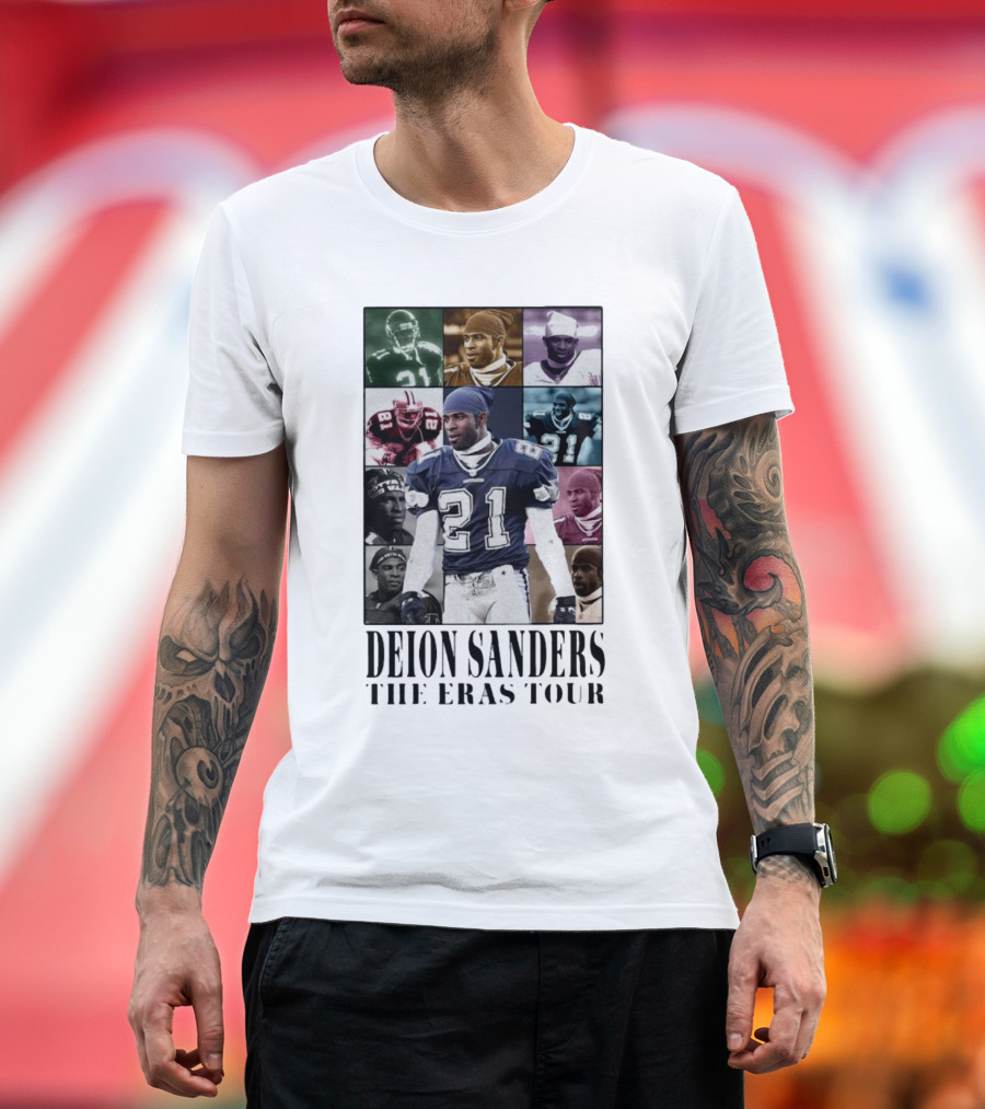 Deion Sanders The Eras Tour Collage Montage with Multiple Football Jerseys T-Shirt