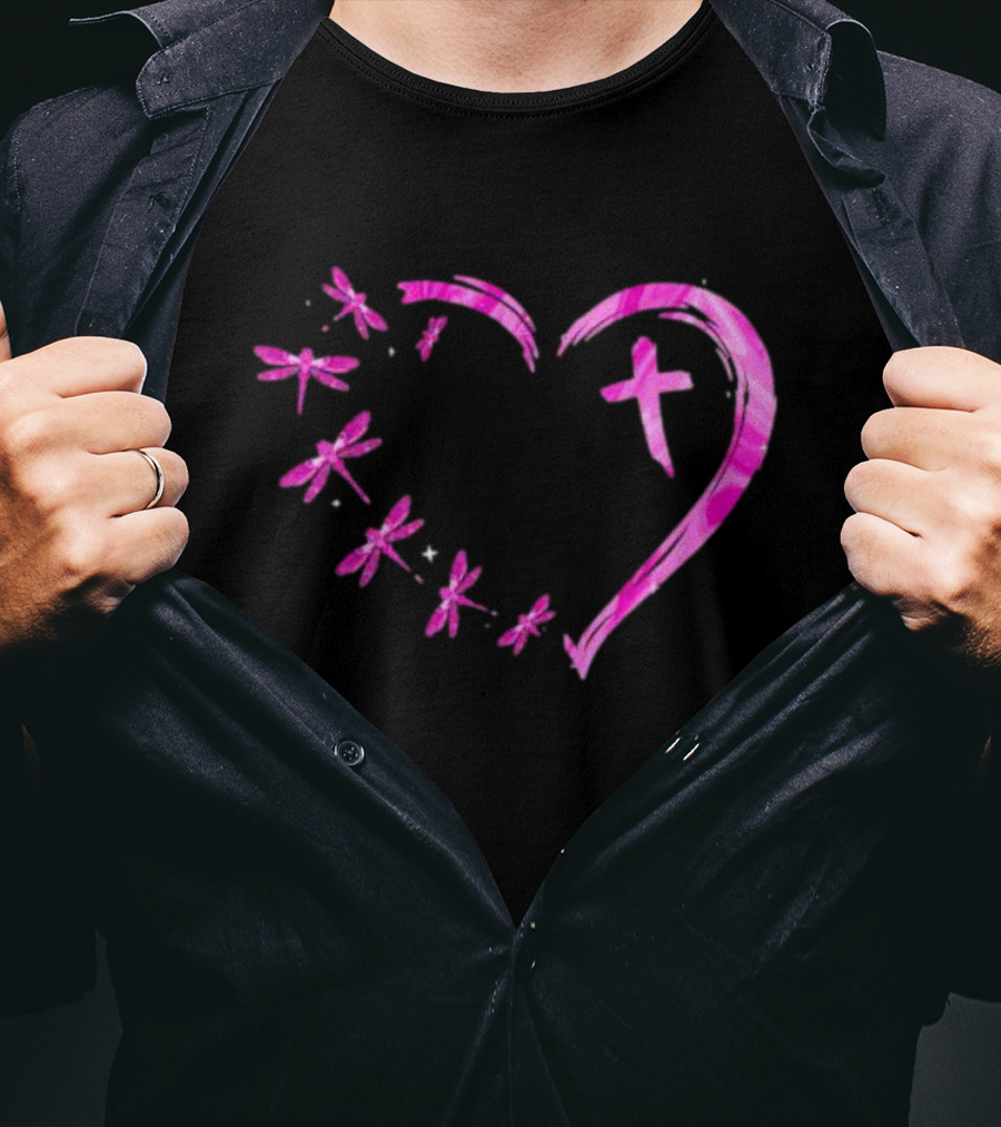 Dragonfly Pink Diamond Heart Cross Motif T-Shirt
