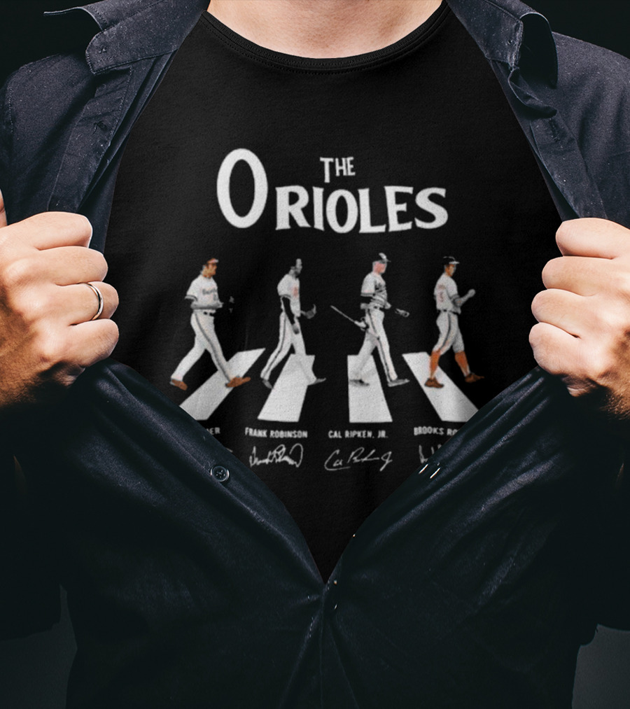 Orioles Take October The Orioles Walking Abbey Road Jim Palmer Frank Robinson Cal Ripken Jr Brooks Robinson Vintage Signatures T-Shirt