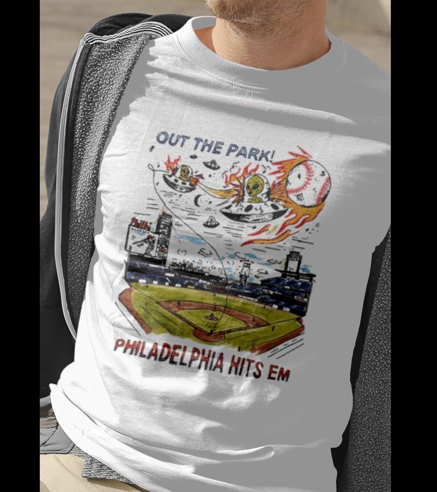 Out The Park Philadelphia Hits 'Em Alien Baseball Explosion T-Shirt