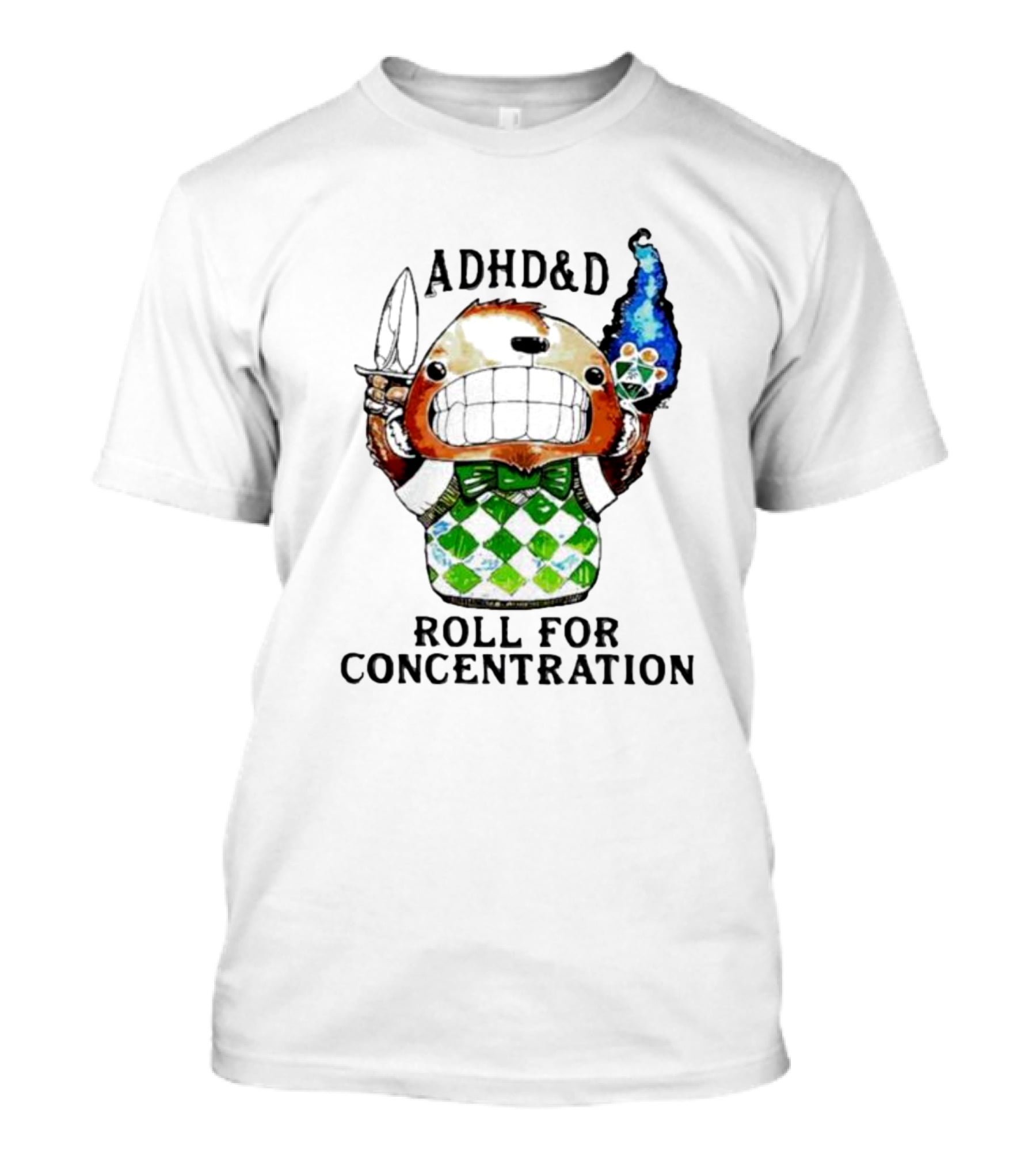 ADHD&D Roll For Concentration Knife Bear Green Vest Flame Cube T-Shirt