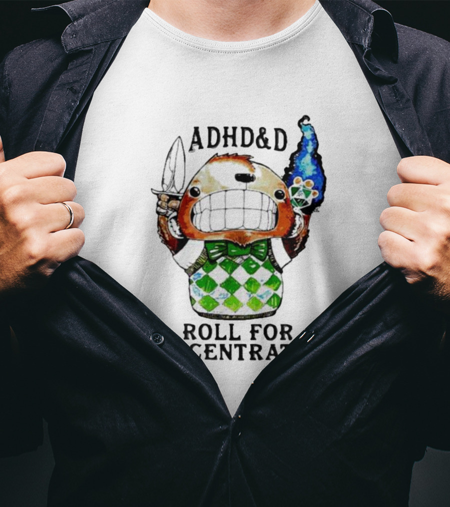ADHD&D Roll For Concentration Knife Bear Green Vest Flame Cube T-Shirt