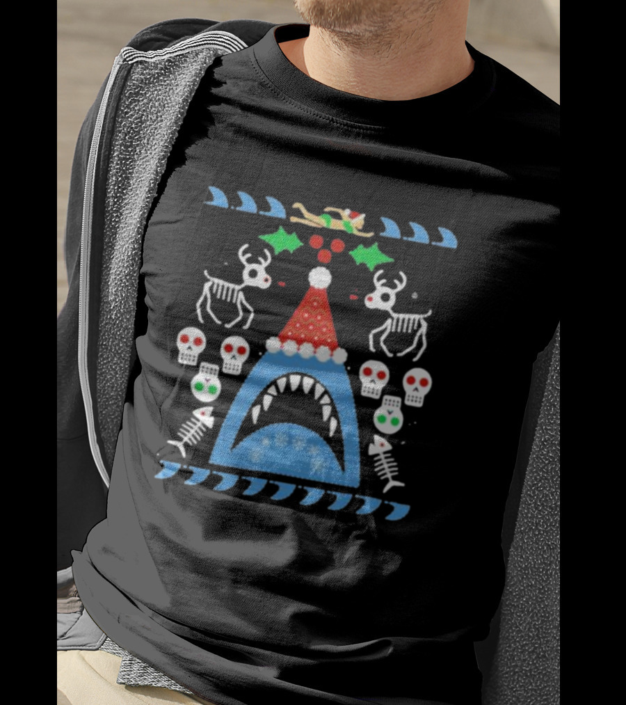 Santa Jaws Ugly Christmas Sweater With Shark, Skeleton Reindeer, And Skulls T-Shirt