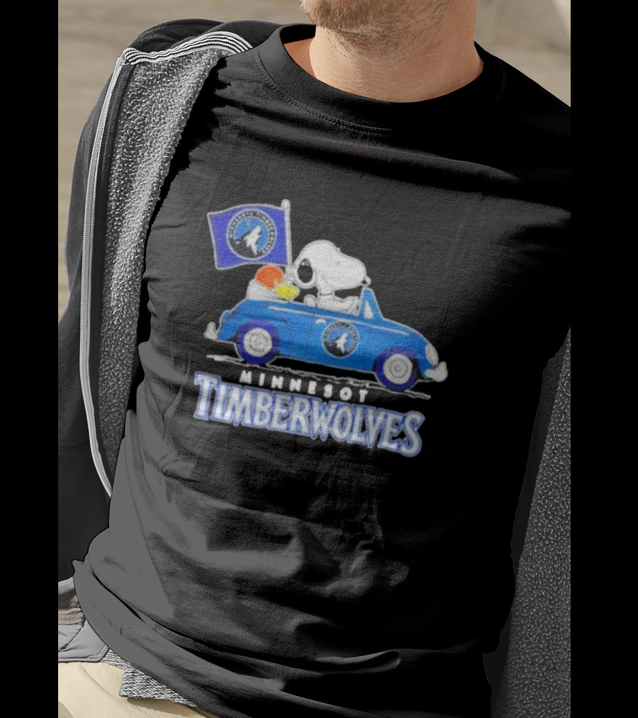 Minnesota Timberwolves Snoopy Dog Driving Blue Car Holding Basketball Flag T-Shirt