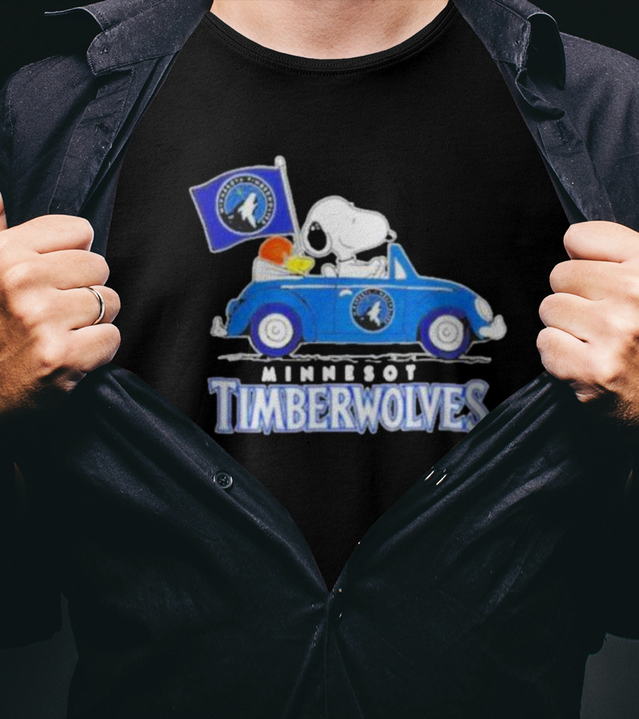 Minnesota Timberwolves Snoopy Dog Driving Blue Car Holding Basketball Flag T-Shirt