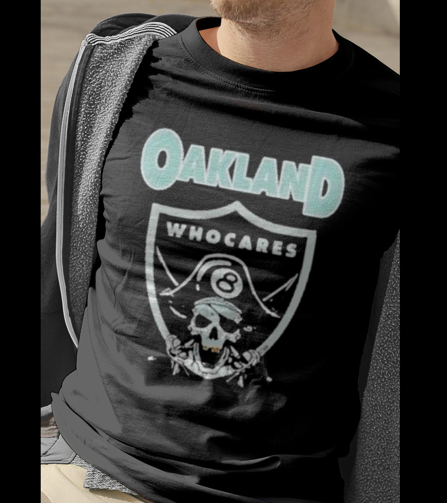Oakland Who Cares 8 Pirate Skull Shield T-Shirt