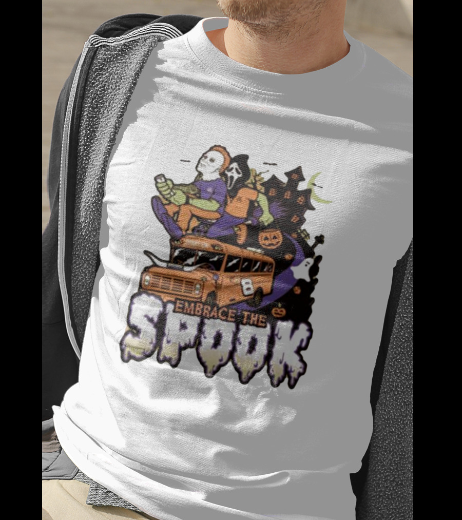 Embrace The Spook Bus With Horror Characters And Haunted House T-Shirt
