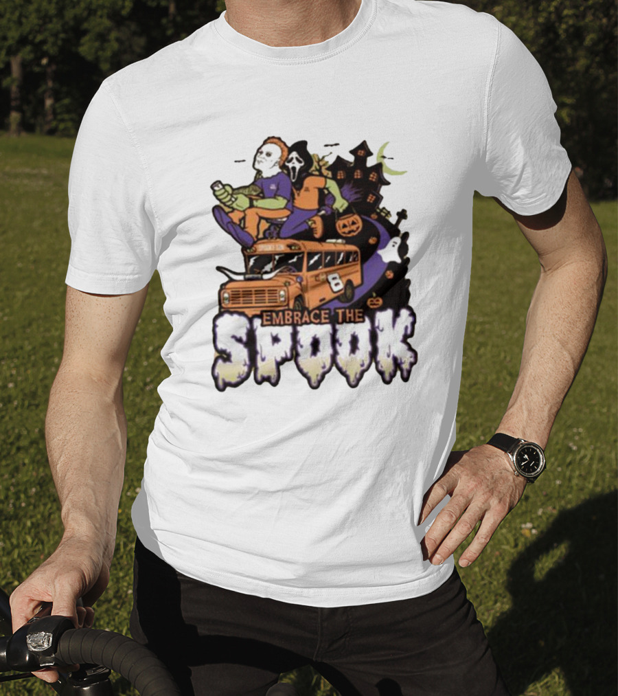 Embrace The Spook Bus With Horror Characters And Haunted House T-Shirt