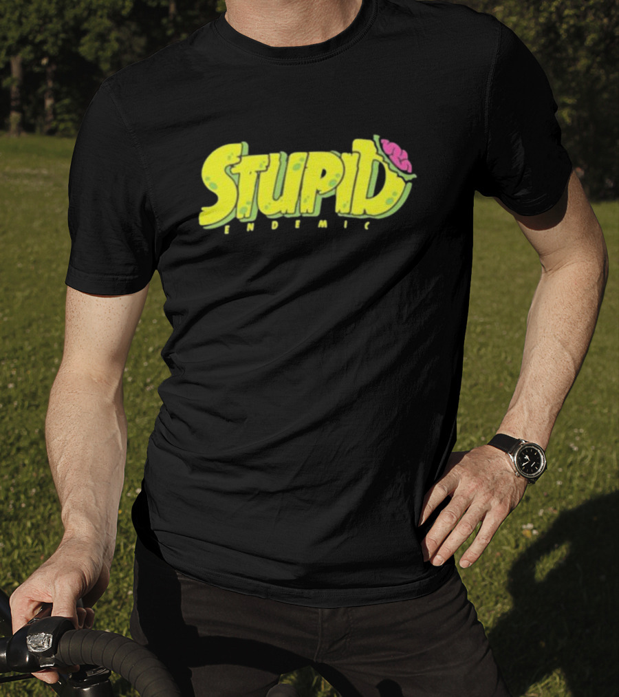 STUPID ENDEMIC Green Text With Brain Motif T-Shirt