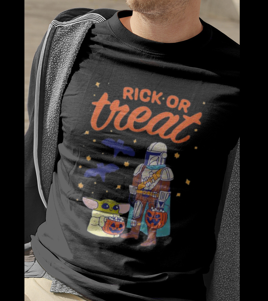 Rick Or Treat The Mandalorian And Grogu Halloween Pumpkin Buckets With Bats And Stars T-Shirt