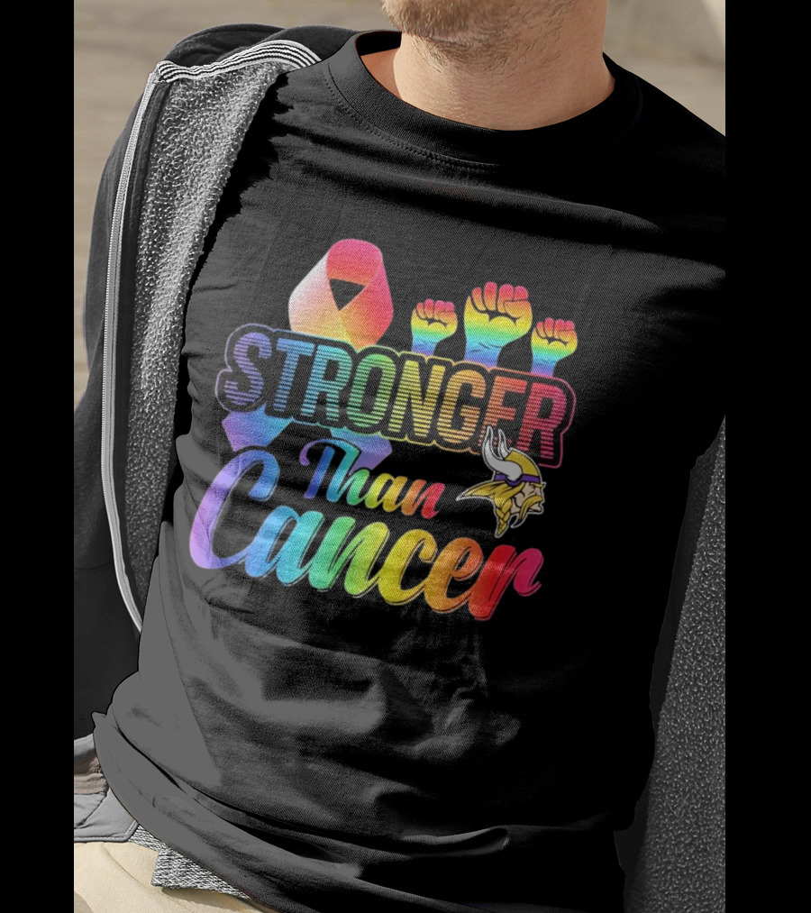 Minnesota Vikings Stronger Than Cancer With Rainbow Ribbon And Fists T-Shirt