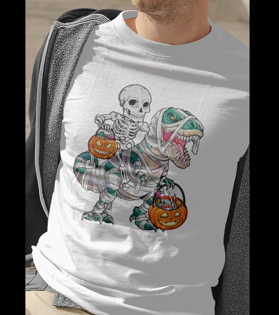 Spooky Saurus Rex Skeleton With Halloween Pumpkin Duo T-Shirt