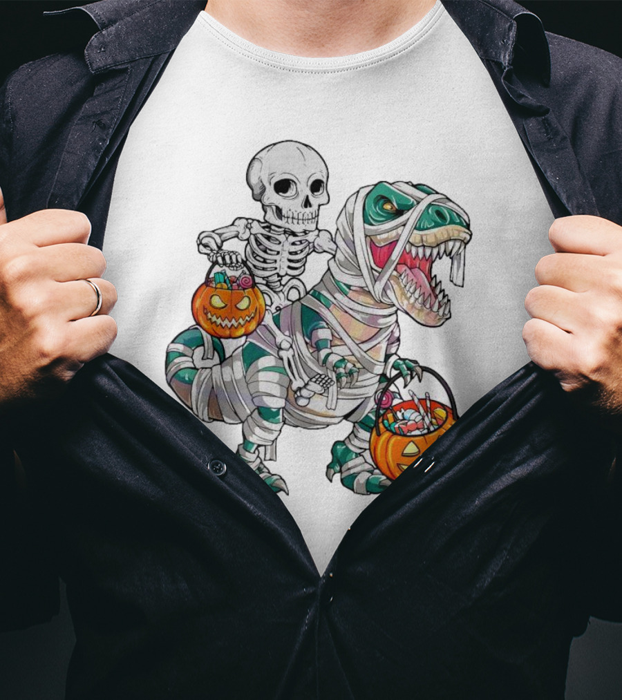 Spooky Saurus Rex Skeleton With Halloween Pumpkin Duo T-Shirt