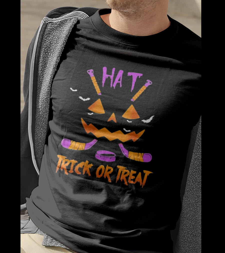 Hockey Hat Trick Or Treat Halloween Pumpkin With Hockey Sticks T-Shirt
