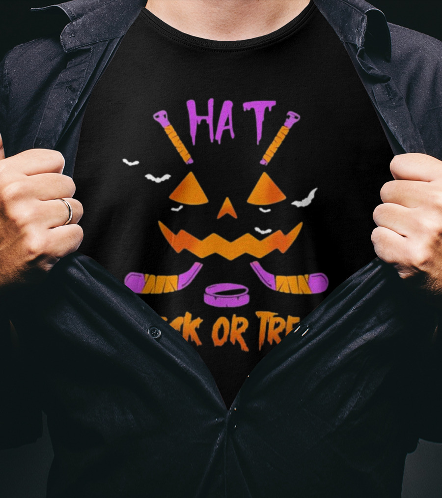 Hockey Hat Trick Or Treat Halloween Pumpkin With Hockey Sticks T-Shirt