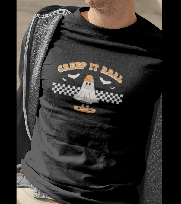 Creep It Real Ghost Skater Halloween Checkerboard Bats T-Shirt