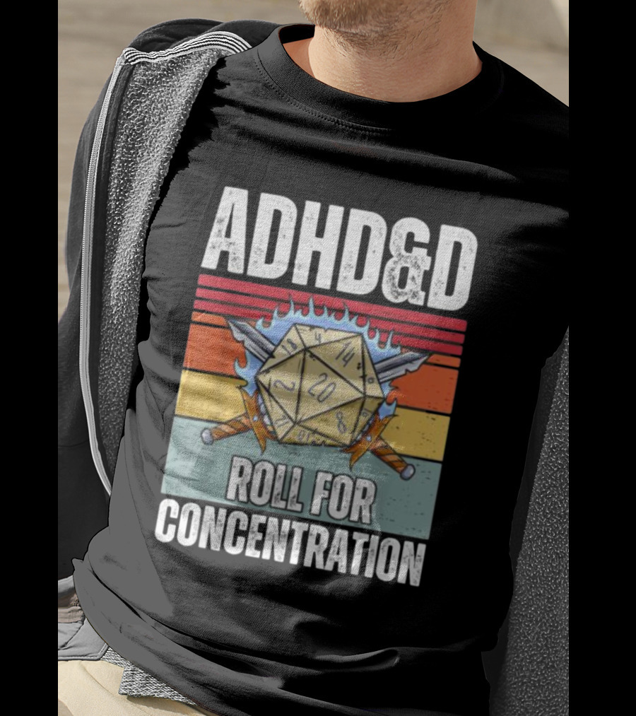 ADHD&D Roll For Concentration Retro Dice Sword Gamer T-Shirt