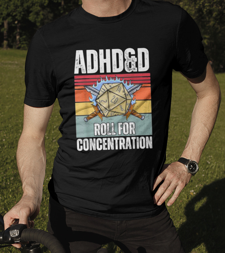 ADHD&D Roll For Concentration Retro Dice Sword Gamer T-Shirt