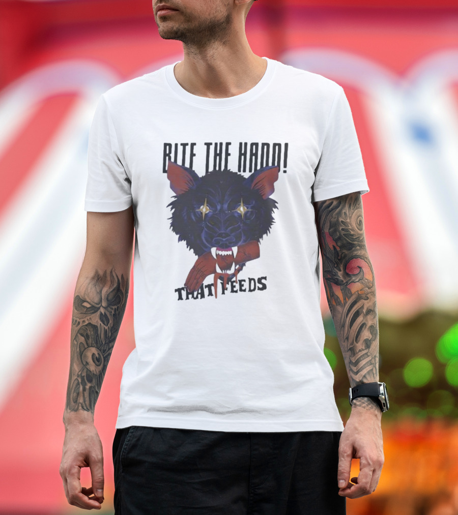 Bite The Hand That Feeds Wolf with Starry Eyes and Bleeding Hand T-Shirt
