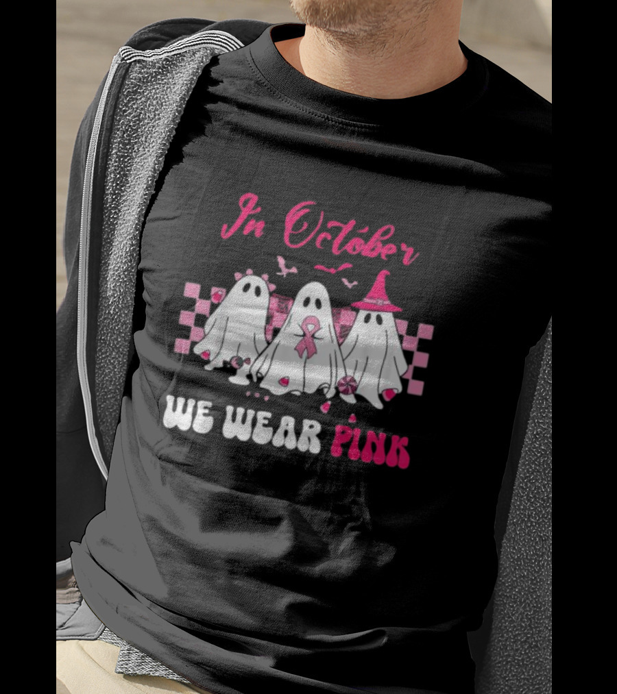 In October We Wear Pink Breast Cancer Ghost Halloween Groovy T-Shirt