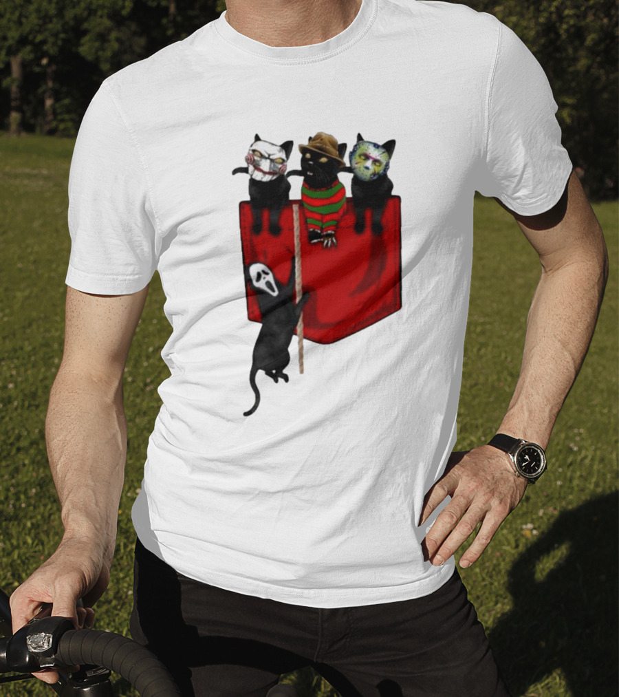 Cat Cosplay Horror Movie Characters Trick Or Treat Freddy Krueger Jason Voorhees Scream Happy Halloween T-Shirt