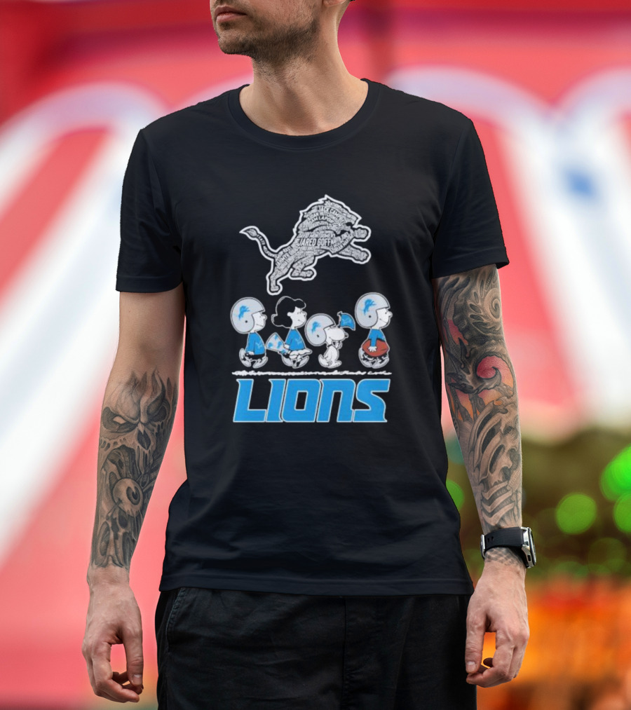Peanuts Characters Walking Detroit Lions Jared Goff T-Shirt