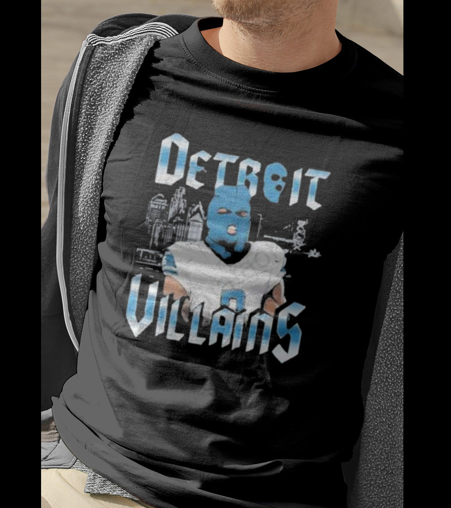 Detroit Villains Football Blue Masked Player Featuring City Skyline T-Shirt