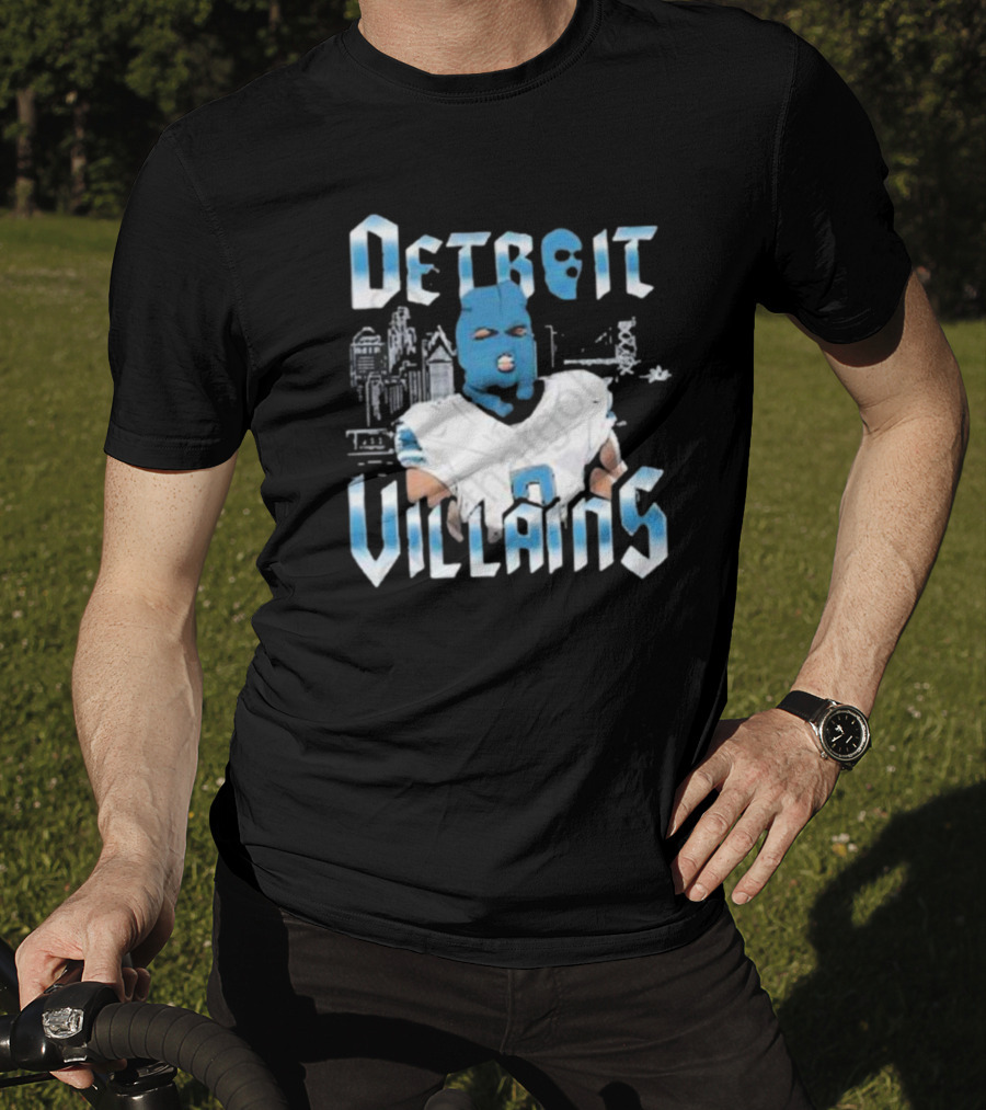 Detroit Villains Football Blue Masked Player Featuring City Skyline T-Shirt