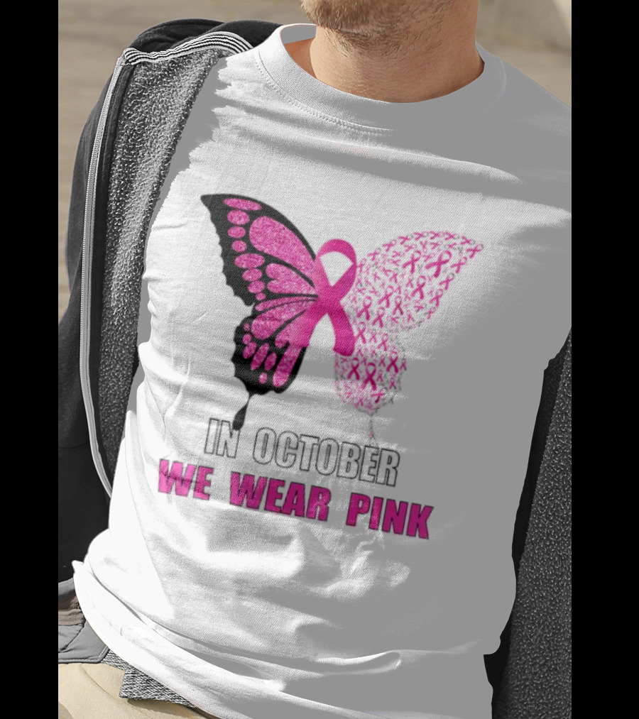 In October We Wear Pink Butterfly Ribbon Breast Cancer Awareness T-Shirt