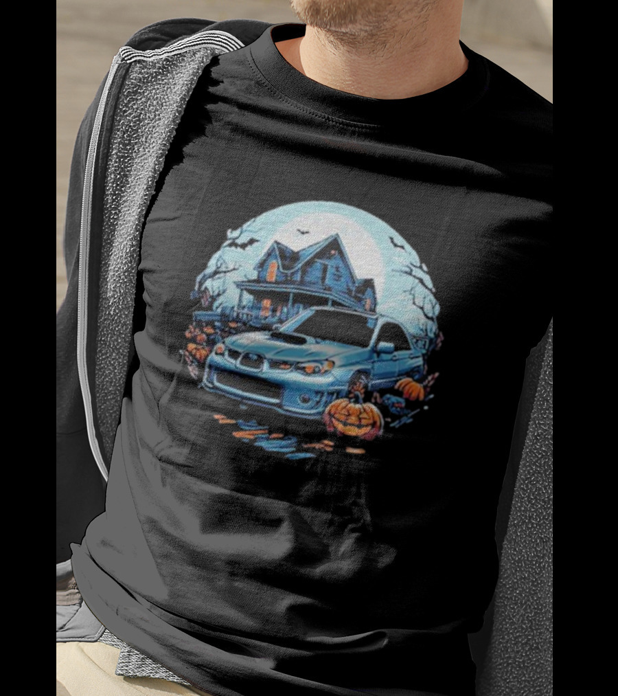 The Car Scene Network Halloween Haunted House With Pumpkins And Bats T-Shirt
