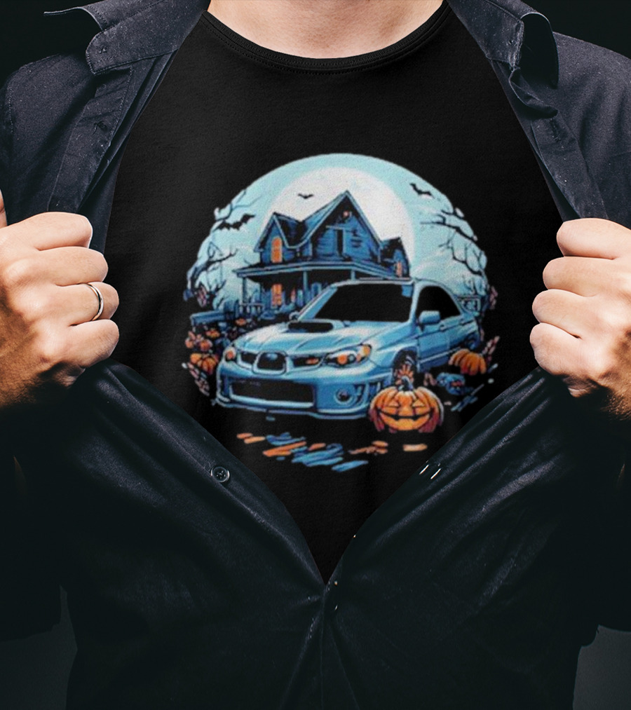 The Car Scene Network Halloween Haunted House With Pumpkins And Bats T-Shirt