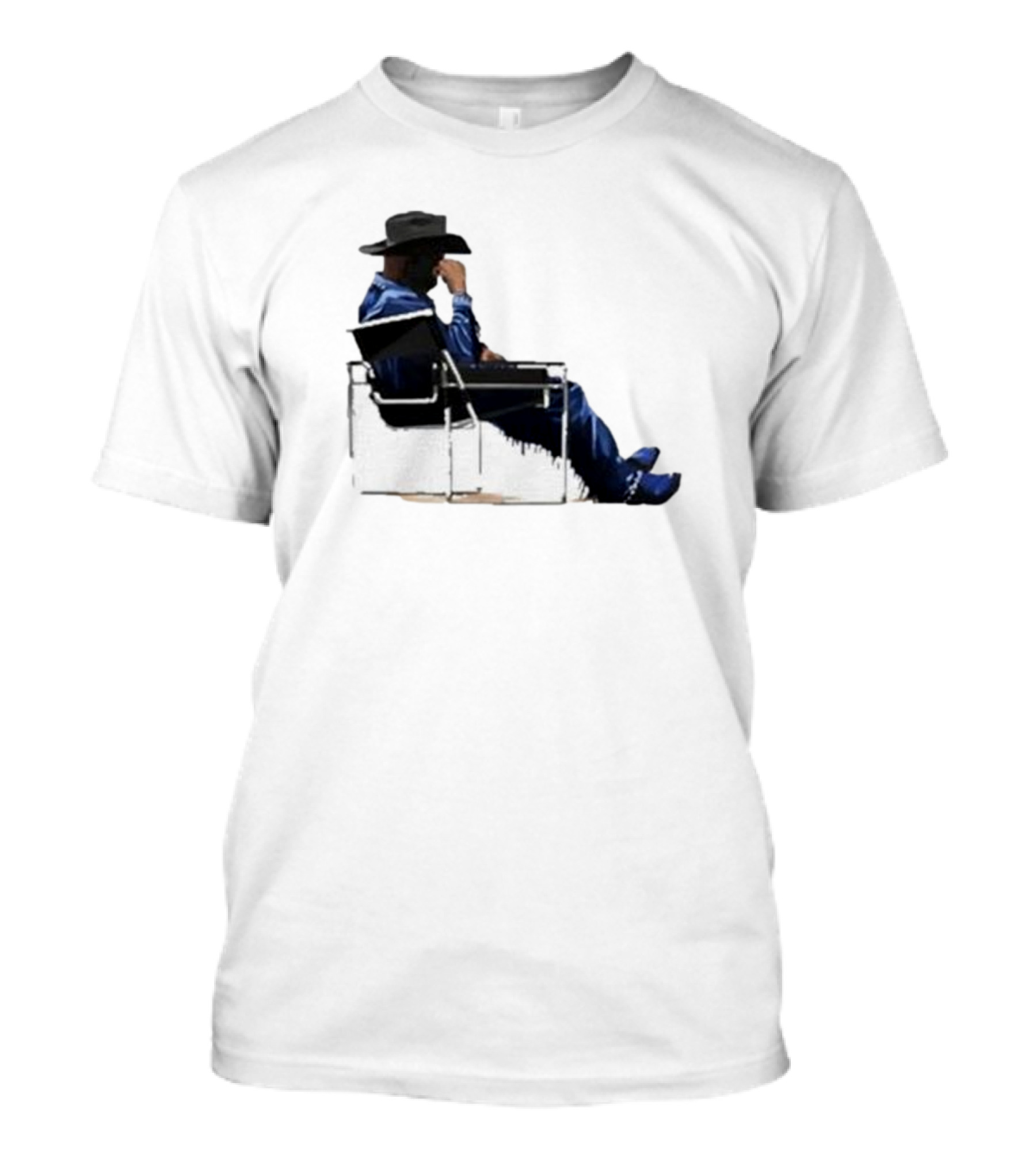Bad Bunny Sitting Cowboy Chair Black Hat Blue T-Shirt