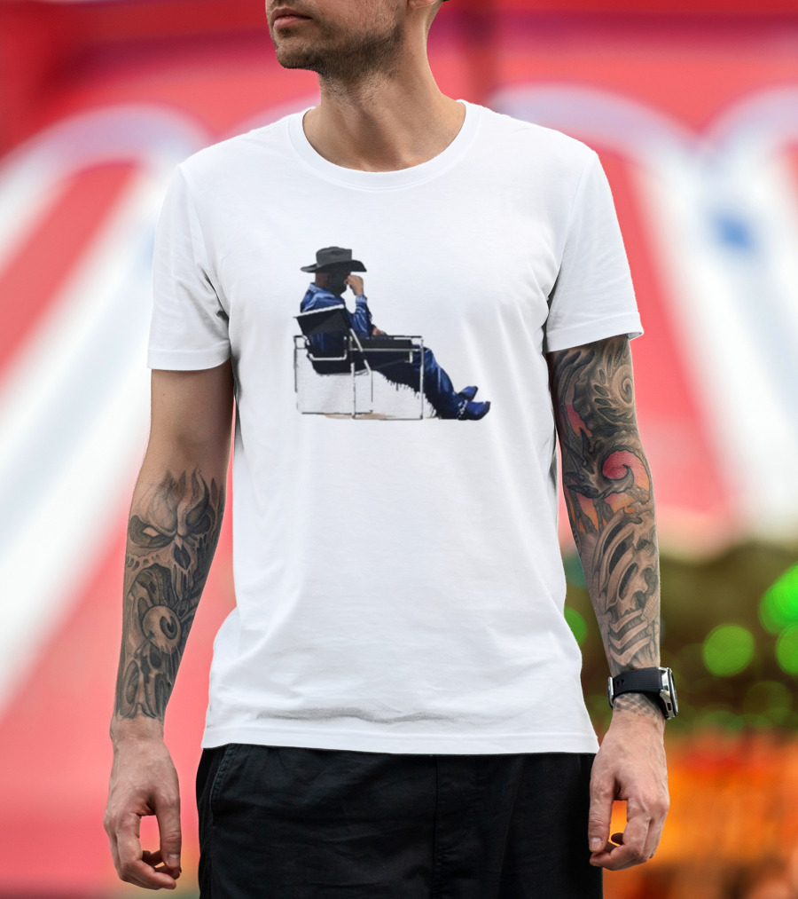 Bad Bunny Sitting Cowboy Chair Black Hat Blue T-Shirt