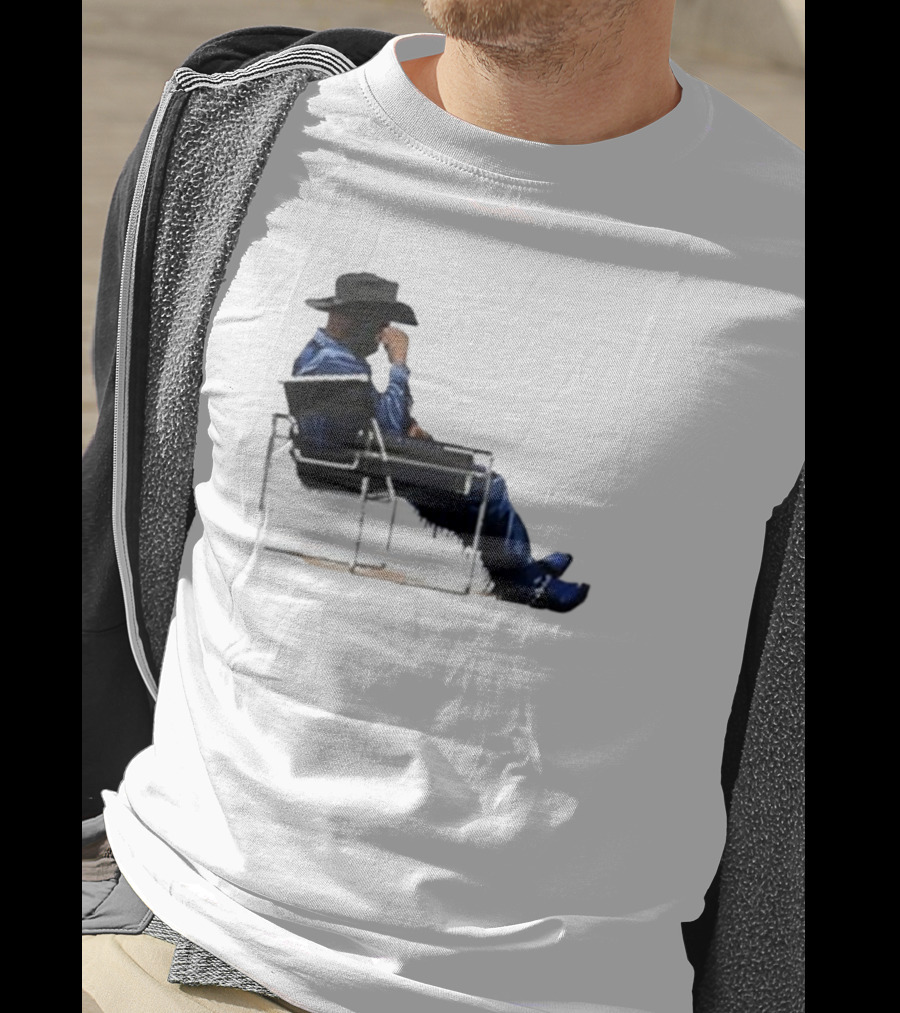 Bad Bunny Sitting Cowboy Chair Black Hat Blue T-Shirt