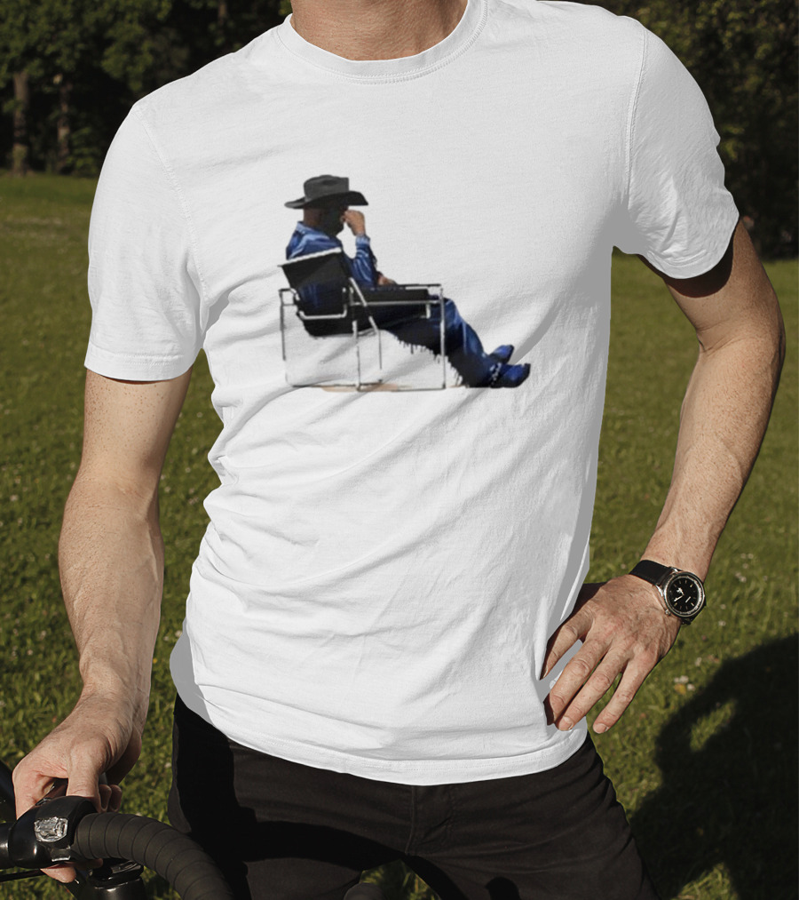 Bad Bunny Sitting Cowboy Chair Black Hat Blue T-Shirt