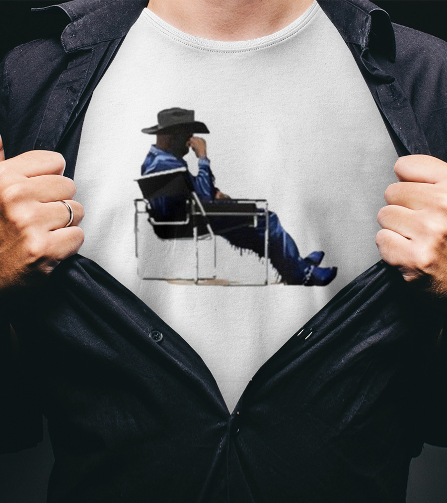 Bad Bunny Sitting Cowboy Chair Black Hat Blue T-Shirt