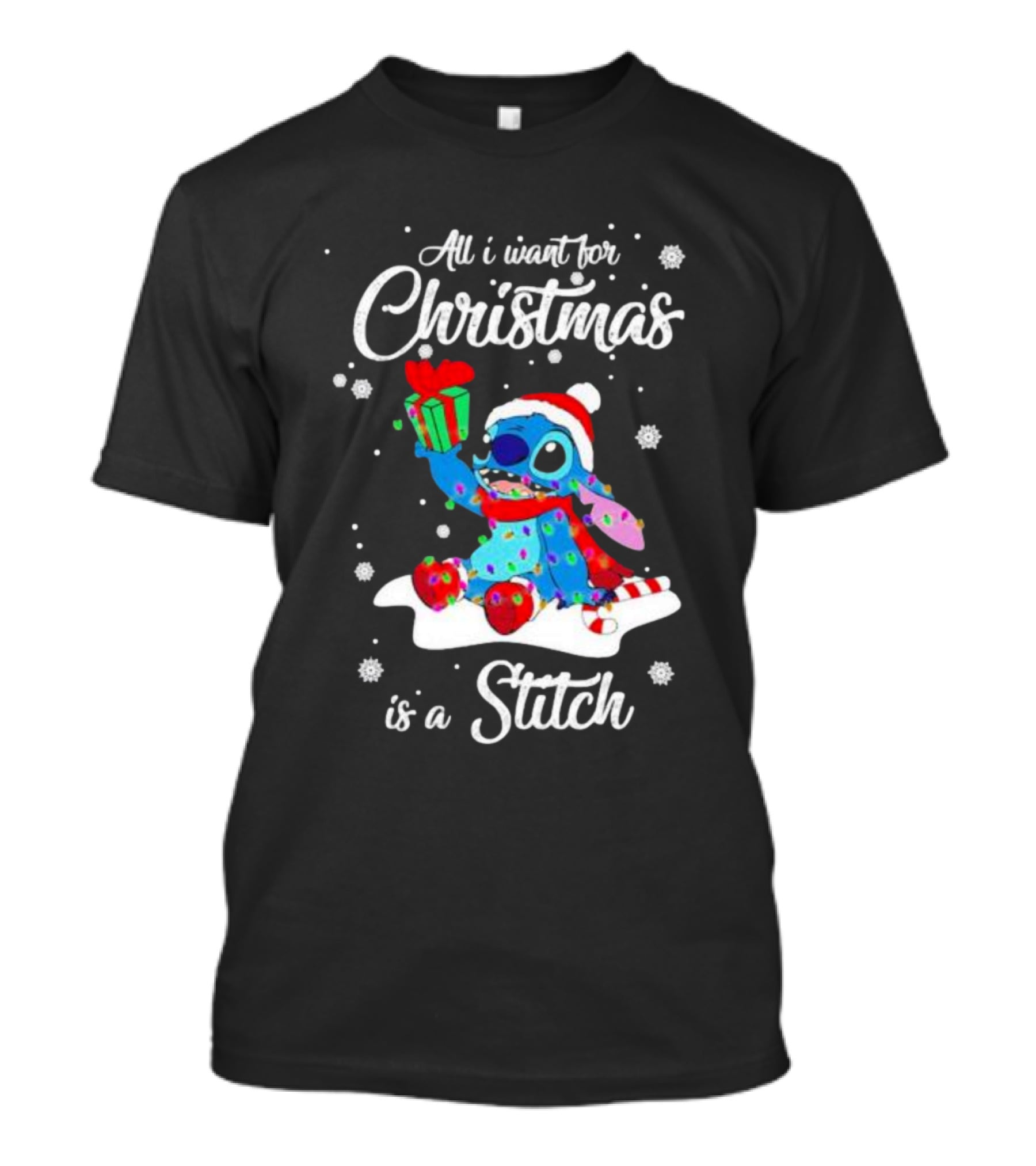 All I Want For Christmas Is A Stitch With Present And Snowflakes T-Shirt