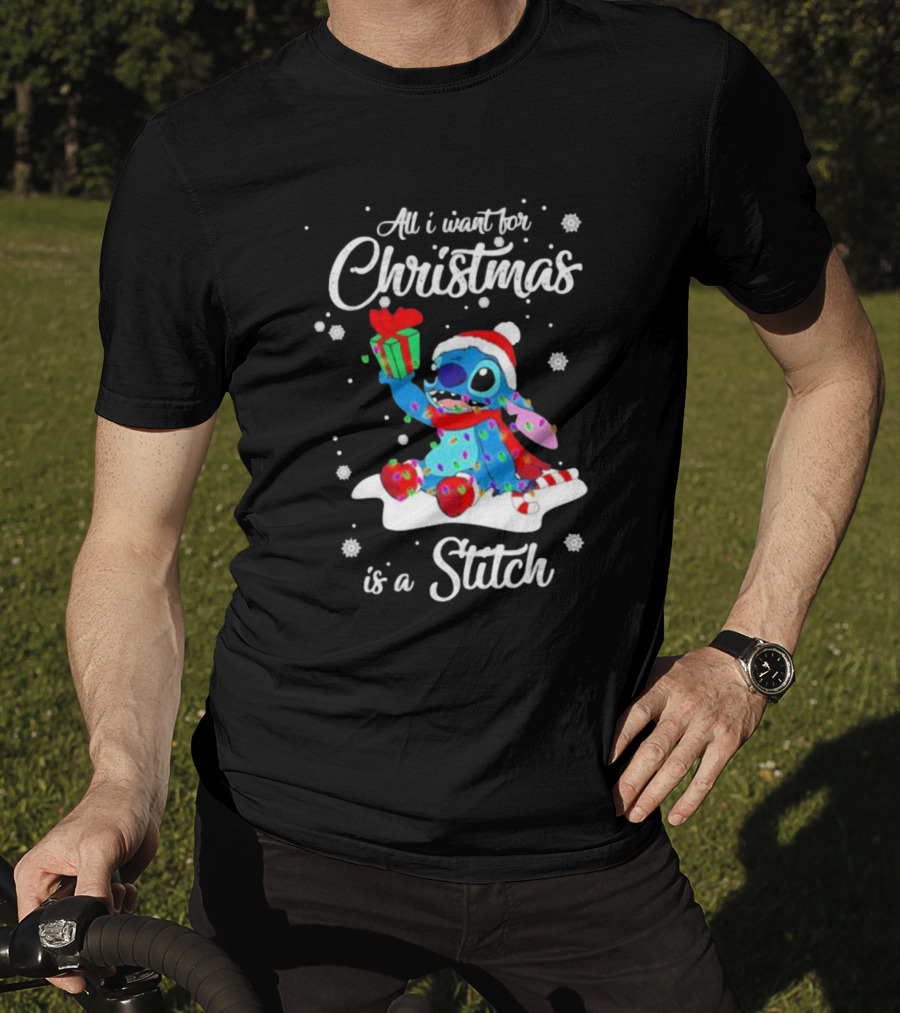All I Want For Christmas Is A Stitch With Present And Snowflakes T-Shirt